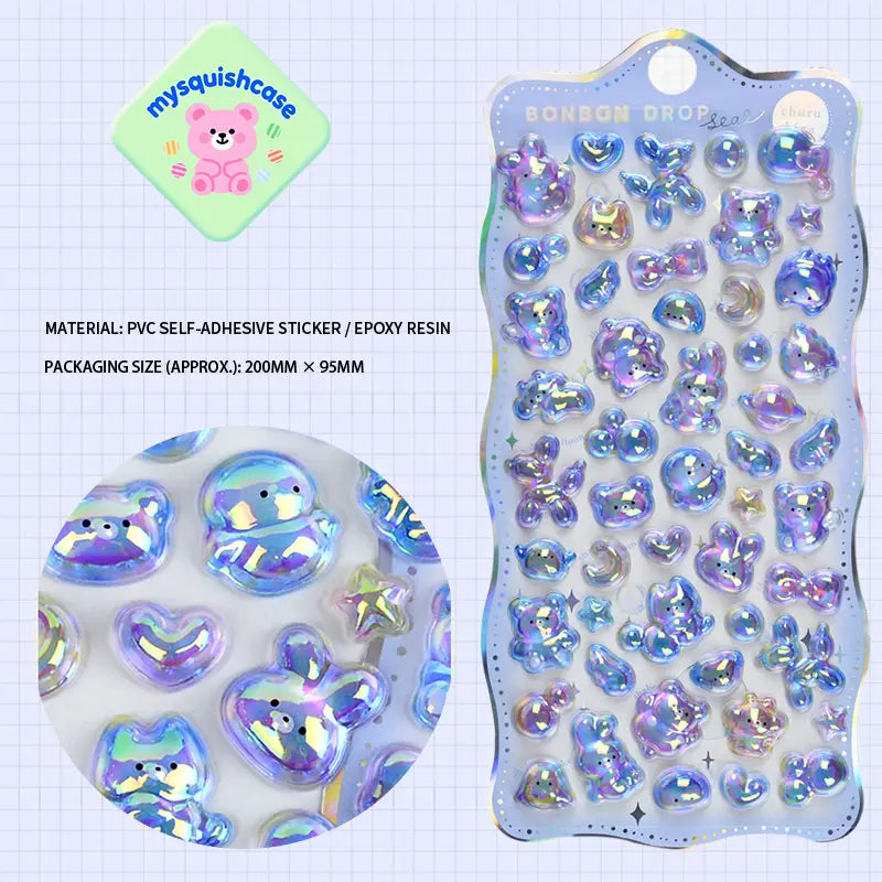 Product display of light blue "BONBON DROP" themed 3D crystal puffy sticker sheet, including material (PVC/epoxy resin) and packaging size (200mm×95mm), cute kawaii iridescent pet stickers for planner and DIY craft decoration