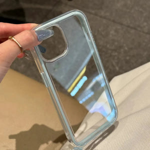 Clear DIY phone case for iPhone with light blue gradient frame and transparent back panel, featuring raised camera protection, ready for sticker decoration.