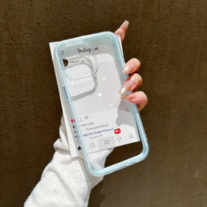 A hand holding a light blue protective phone case base with an Instagram-style card inside, ready for DIY decorating.