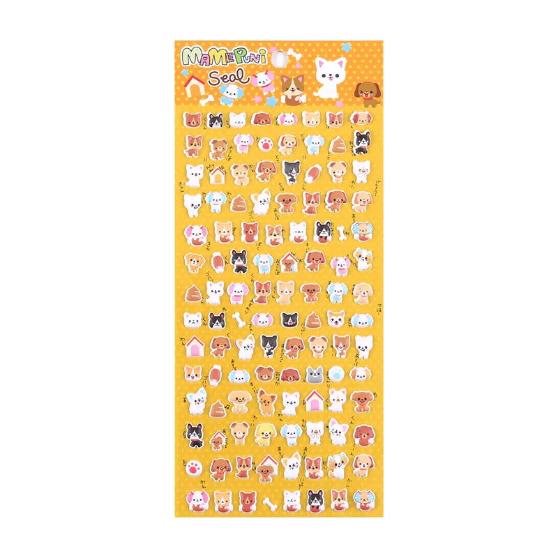 Full sheet display of 3D puffy "MAMEPUNI" stickers with adorable dog, cat, and pet house designs, self-adhesive epoxy PVC stickers
