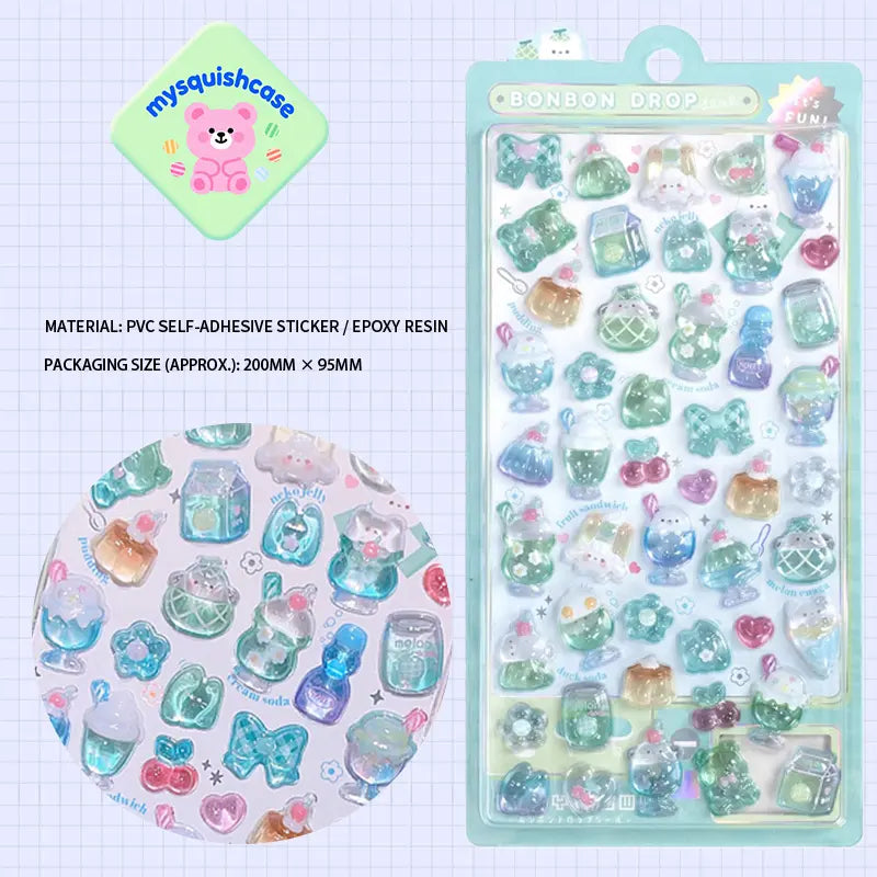 Product display of melon soda pet themed 3D crystal puffy sticker sheet, including material (PVC/epoxy resin) and packaging size (200mm×95mm), cute kawaii drink and pet stickers for planner and DIY craft decoration