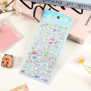A sheet of "Mini Cute Stickers" featuring 3D resin fruits, ice cream, and dessert characters in soft pastel colors for DIY crafts.