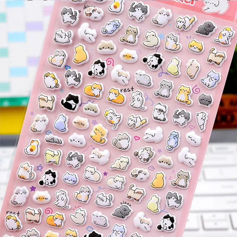 Mini Animal" cute kawaii sticker sheet with tiny cat character designs in various colors, perfect for DIY phone case decoration.