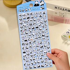 Mini Animal" cute kawaii sticker sheet with tiny panda character designs, perfect for DIY phone case decoration.