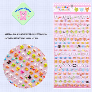 Product display of mini animal themed 3D puffy sticker sheet, including material (PVC/epoxy resin) and packaging size, cute kawaii stickers for DIY phone case and planner decoration
