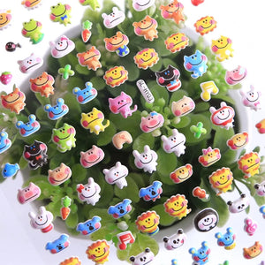 Close-up of mini 3D puffy stickers with cute cartoon animals (frog, rabbit, cat, dog, panda), self-adhesive PVC epoxy stickers for DIY crafts and nail art decoration
