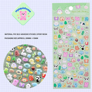 Product display of mini cute animal themed 3D puffy sticker sheet, including material (PVC/epoxy resin) and packaging size (200mm×95mm), cute kawaii stickers for planner decoration
