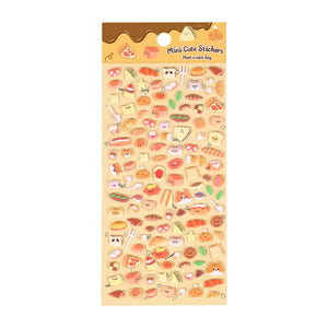 Mini cute kawaii sticker sheet with bread, pastry, and cute animal designs, perfect for DIY phone case and craft decoration.