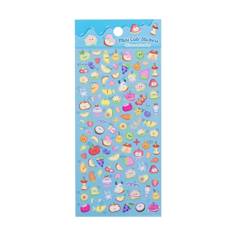 Full sheet display of 3D puffy "Mini Cute Stickers" with adorable cartoon fruit designs, self-adhesive PVC epoxy resin stickers for DIY crafts
