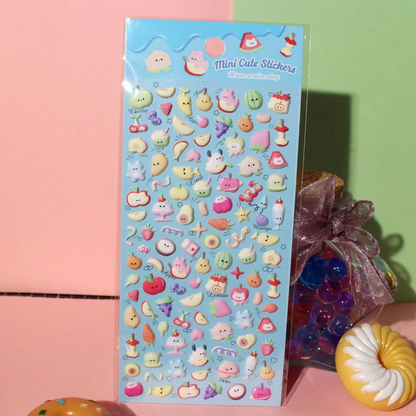 Mini cute kawaii sticker sheet with colorful fruit and character designs, perfect for DIY phone case and craft decoration.