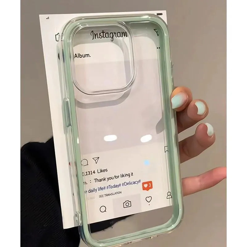Clear DIY phone case for iPhone with mint green protective frame and transparent back panel, featuring raised camera protection, ready for sticker decoration.