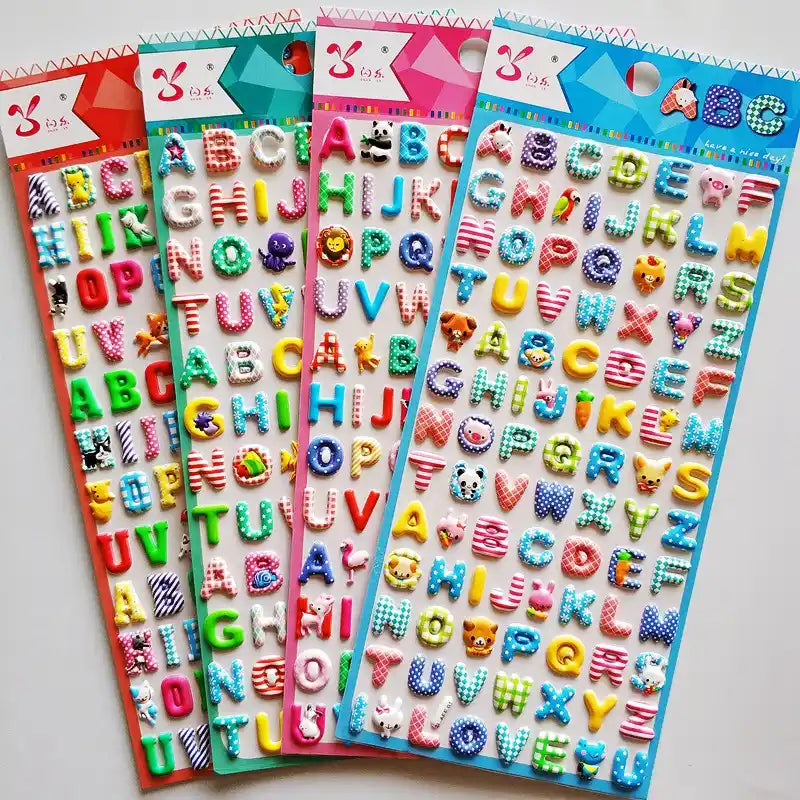 Multi-color animal-themed 3D alphabet sticker set, with red, green, pink, and blue options, each decorated with cute cartoon animals.