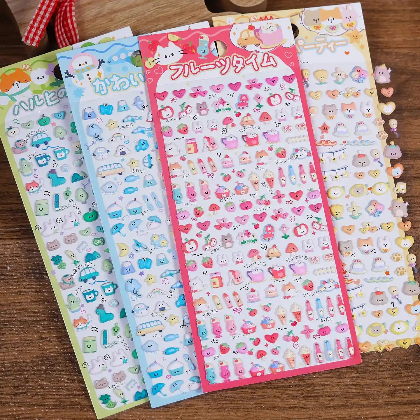 Collection of 3D puffy sticker sheets with colorful fruit and sweet dessert themes (pink, blue, green, yellow), self-adhesive epoxy PVC stickers