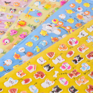 Close-up of 3D puffy stickers featuring adorable zoo animals and pets, self-adhesive PVC epoxy stickers
