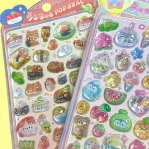 Collection of 3D crystal puffy sticker sheets with cute dessert and pet designs, in pink and pastel rainbow color schemes
