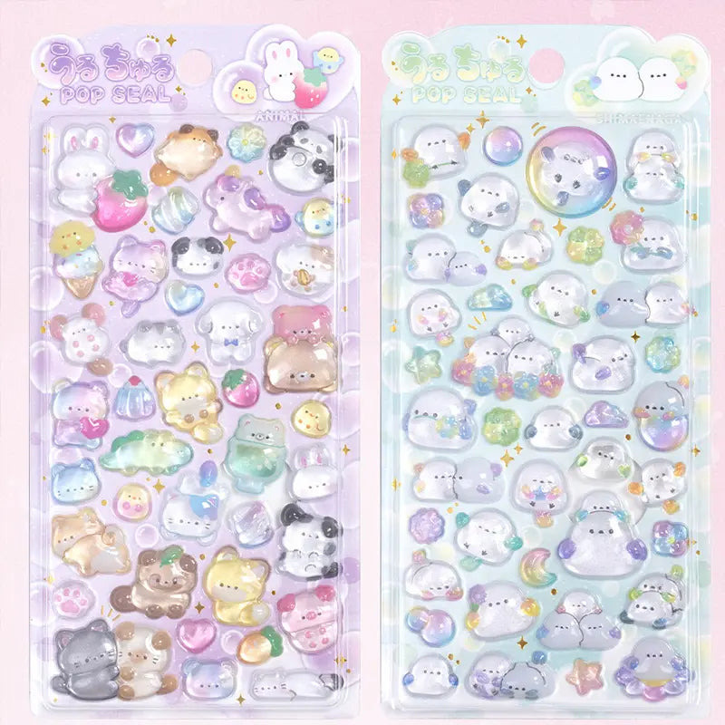 Collection of 3D crystal puffy sticker sheets with adorable pet and ghost designs, in pastel color schemes
