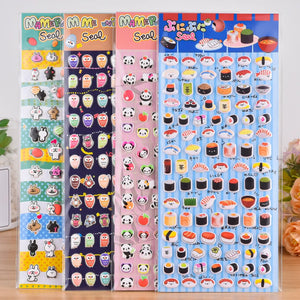 Collection of 3D puffy sticker sheets with cute animal (rabbit, owl, panda) and realistic sushi designs, self-adhesive PVC epoxy stickers for DIY crafts
