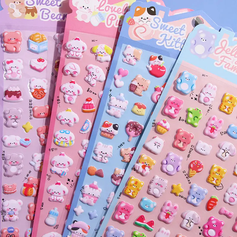 Collection of 3D puffy sticker sheets with Sweet Bear, Lovely Puppy, Sweet Kitty, and Jelly Family designs, self-adhesive PVC epoxy stickers for DIY crafts
