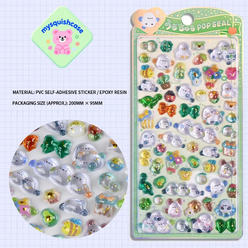 Product display of nature pet themed 3D crystal puffy sticker sheet, including material (PVC/epoxy resin) and packaging size (200mm×95mm), cute kawaii stickers for planner and DIY craft decoration

