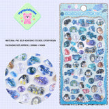 Product display of ocean animal themed 3D crystal puffy sticker sheet, including material (PVC/epoxy resin) and packaging size (200mm×95mm), cute kawaii stickers for planner decoration
