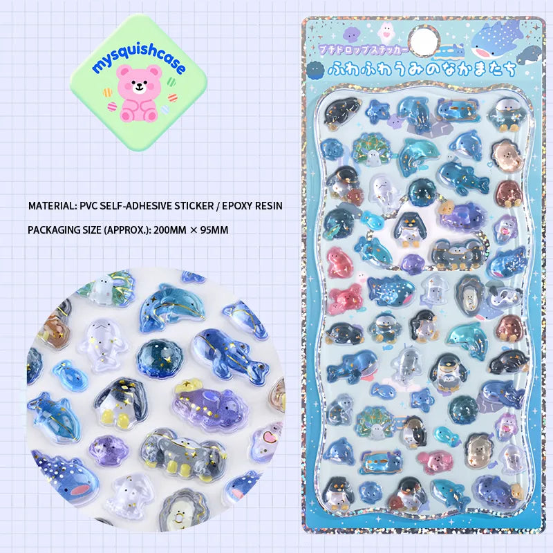 Product display of ocean animal themed 3D crystal puffy sticker sheet, including material (PVC/epoxy resin) and packaging size (200mm×95mm), cute kawaii stickers for planner decoration
