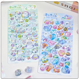 Collection of 3D crystal puffy sticker sheets with adorable ocean and ghost pet designs, in pastel blue and green color schemes
