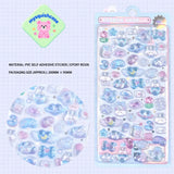 Product display of ocean pet themed "BONBON DROP" 3D crystal puffy sticker sheet, including material (PVC/epoxy resin) and packaging size (200mm×95mm), cute kawaii sea creature stickers for planner and DIY craft decoration