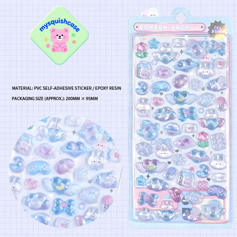 Product display of ocean pet themed "BONBON DROP" 3D crystal puffy sticker sheet, including material (PVC/epoxy resin) and packaging size (200mm×95mm), cute kawaii sea creature stickers for planner and DIY craft decoration