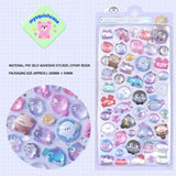 Product display of ocean pet themed "BONBON DROP" 3D crystal puffy sticker sheet, including material (PVC/epoxy resin) and packaging size (200mm×95mm), cute kawaii sea creature stickers for planner and DIY craft decoration