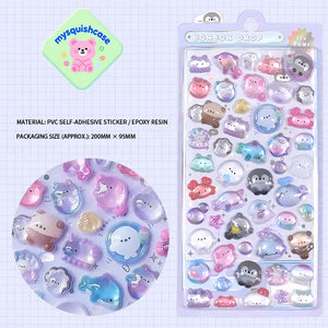 Product display of ocean pet themed "BONBON DROP" 3D crystal puffy sticker sheet, including material (PVC/epoxy resin) and packaging size (200mm×95mm), cute kawaii sea creature stickers for planner and DIY craft decoration