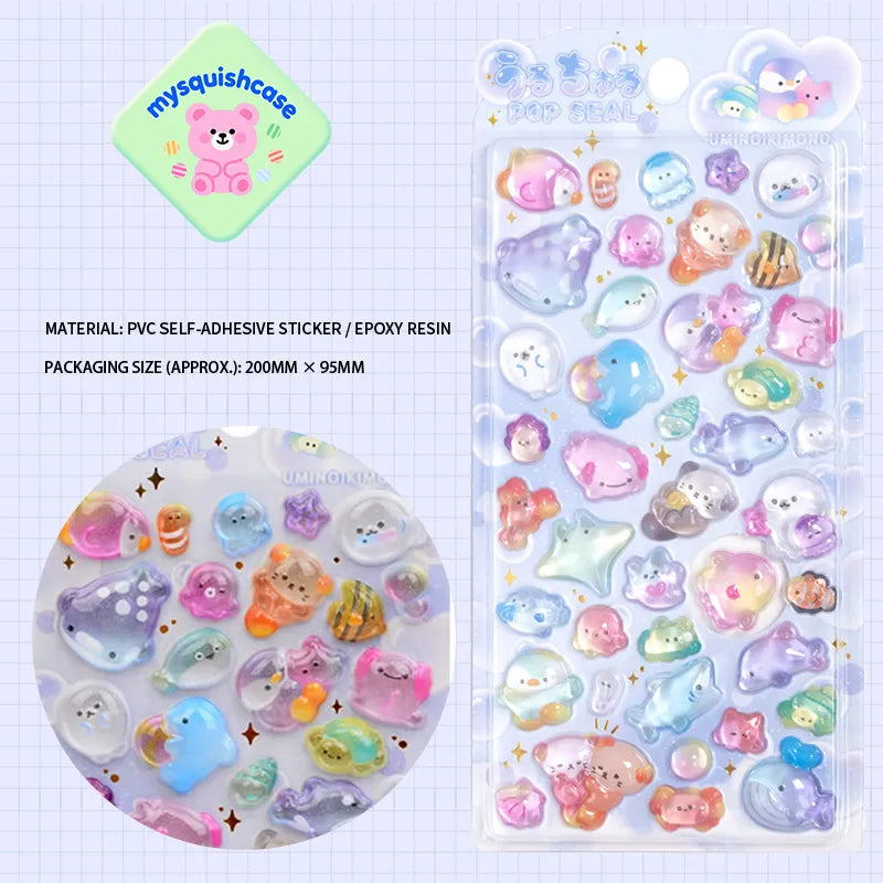 Product display of ocean pet themed 3D crystal puffy sticker sheet, including material (PVC/epoxy resin) and packaging size (200mm×95mm), cute kawaii sea creature stickers for planner and DIY craft decoration
