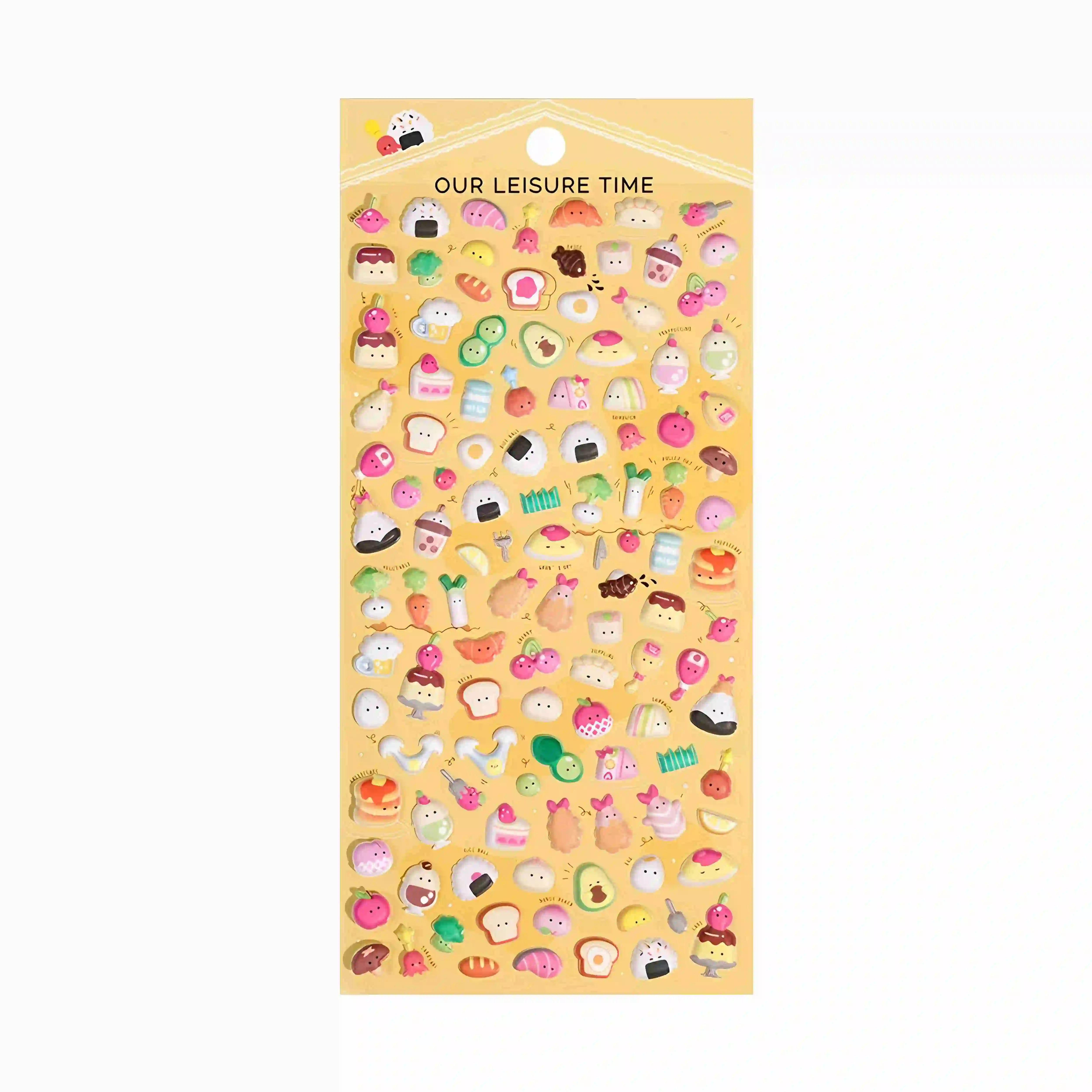 Our Leisure Time" kawaii sticker sheet with mini dessert, snack, and cute character designs, perfect for DIY phone case and craft decoration.