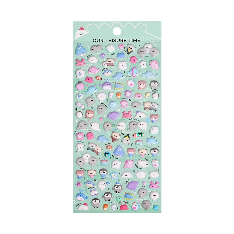 Our Leisure Time" cute kawaii sticker sheet with tiny positive energy penguin and sea animal designs, perfect for DIY phone case decoration.