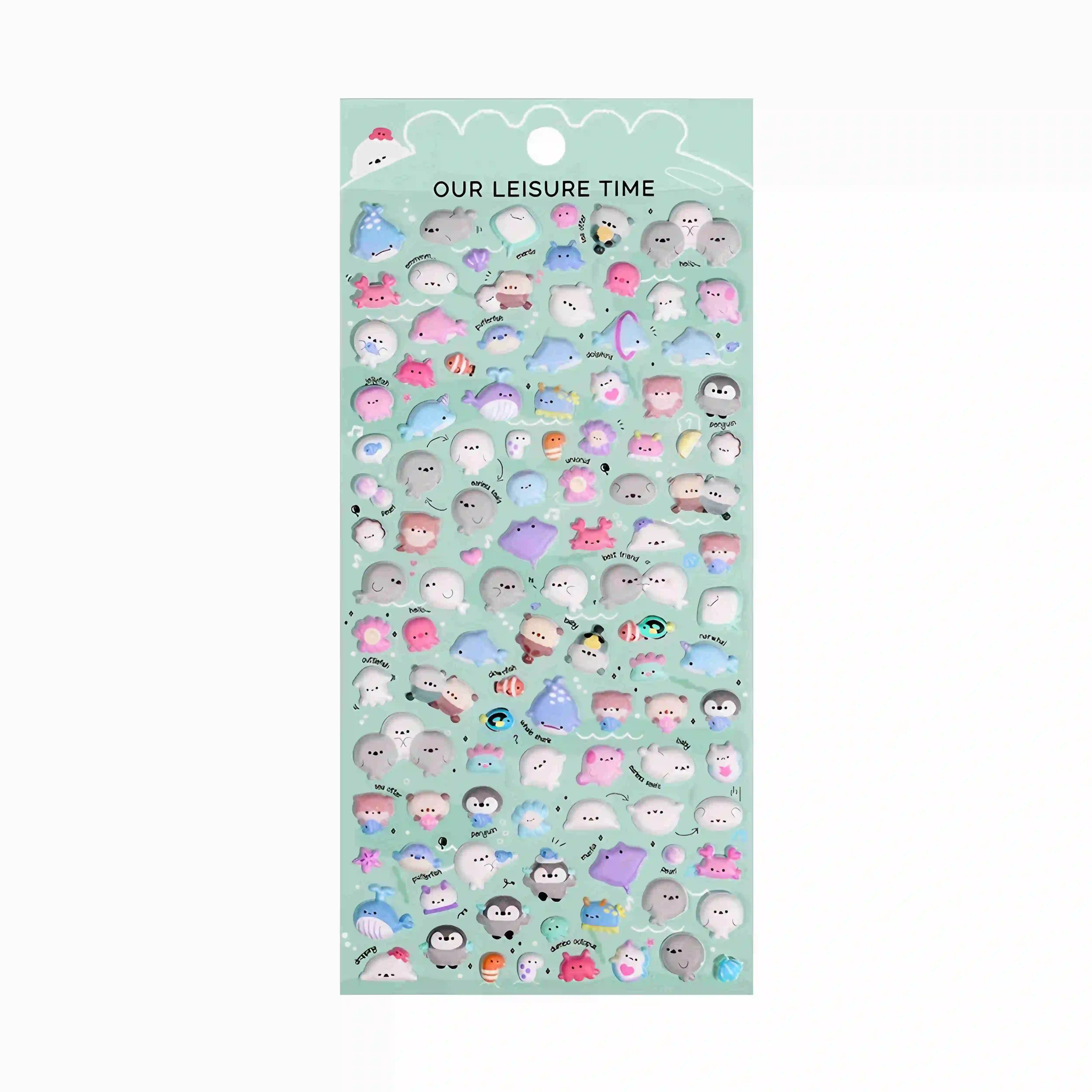 Our Leisure Time" kawaii sticker sheet with cute pastel sea creature and animal designs, perfect for DIY phone case and craft decoration.