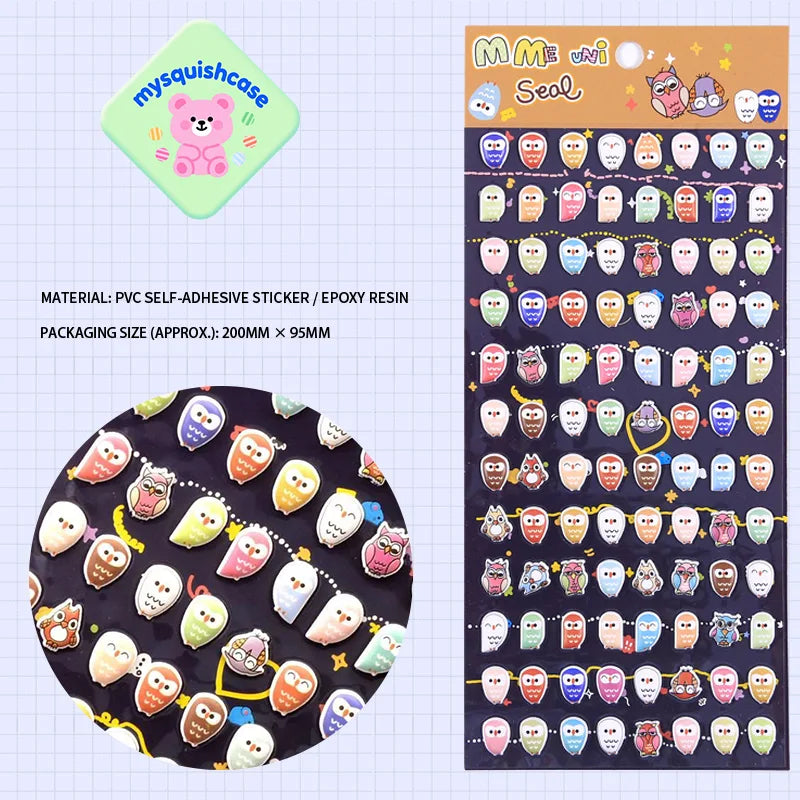Product display of colorful owl themed 3D puffy sticker sheet, including material (PVC/epoxy resin) and packaging size (200mm×95mm), cute kawaii stickers for planner decoration
