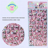 Product display of "Panda Family" dessert-themed 3D puffy sticker sheet, including material (PVC/epoxy resin) and packaging size (200mm×95mm), cute kawaii stickers for planner decoration
