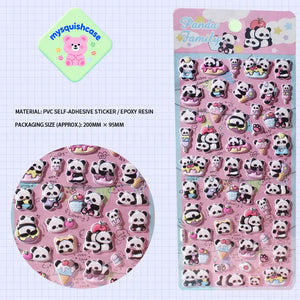 Product display of "Panda Family" dessert-themed 3D puffy sticker sheet, including material (PVC/epoxy resin) and packaging size (200mm×95mm), cute kawaii stickers for planner decoration
