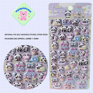 Product display of "Panda Family" themed 3D puffy sticker sheet, including material (PVC/epoxy resin) and packaging size (200mm×95mm), cute kawaii stickers for planner decoration
