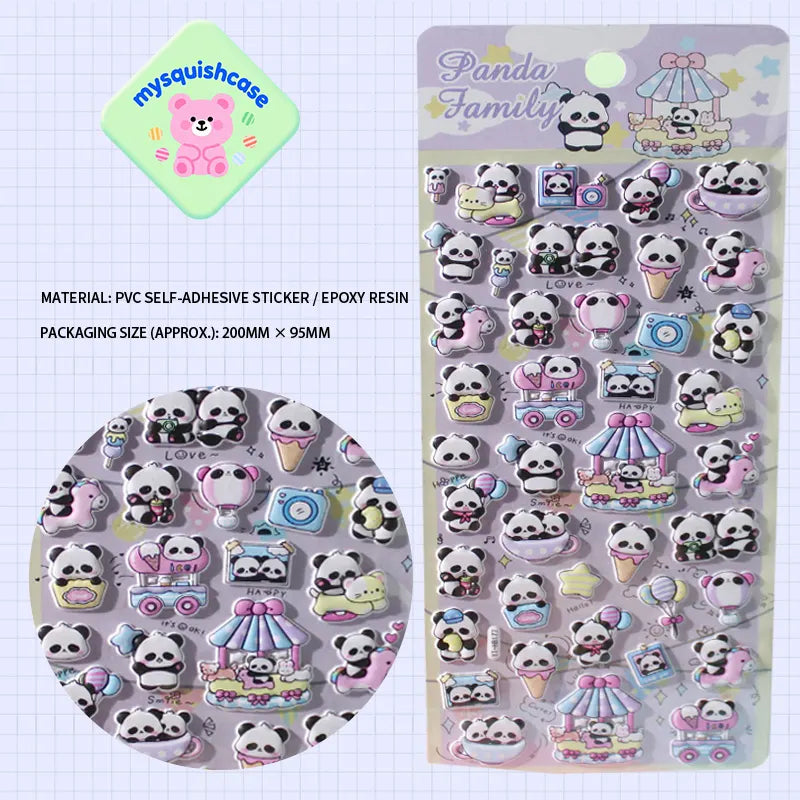 Product display of "Panda Family" themed 3D puffy sticker sheet, including material (PVC/epoxy resin) and packaging size (200mm×95mm), cute kawaii stickers for planner decoration
