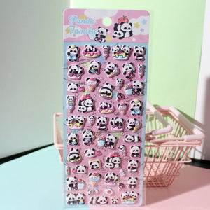 Full sheet display of 3D puffy "Panda Family" stickers with adorable dessert designs (ice cream, donut, cake), self-adhesive epoxy PVC stickers
