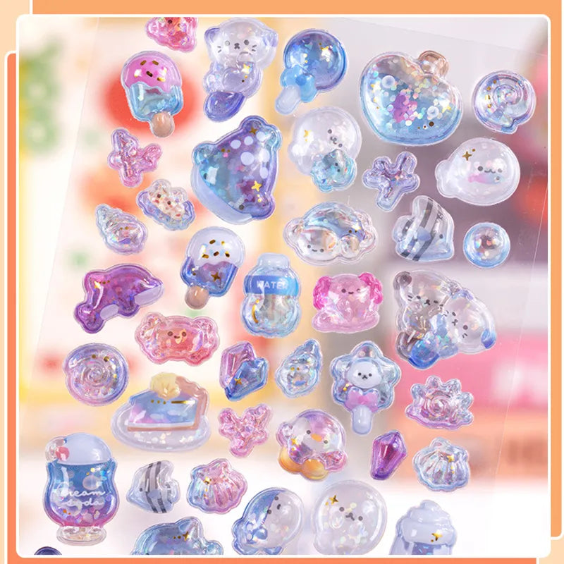 Close-up of 3D crystal clear stickers with adorable pastel pet and dessert designs, featuring glitter and iridescent effects
