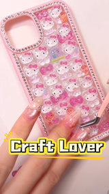 Handcrafted pastel pink phone case fully lined with sparkling diamond rhinestones, filled with a dense 3D collage of clear, glossy Hello Kitty charms.
