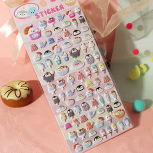 3D puffy sticker sheet with cute cartoon penguin and sea animal designs, self-adhesive PVC epoxy stickers for DIY phone case and scrapbooking