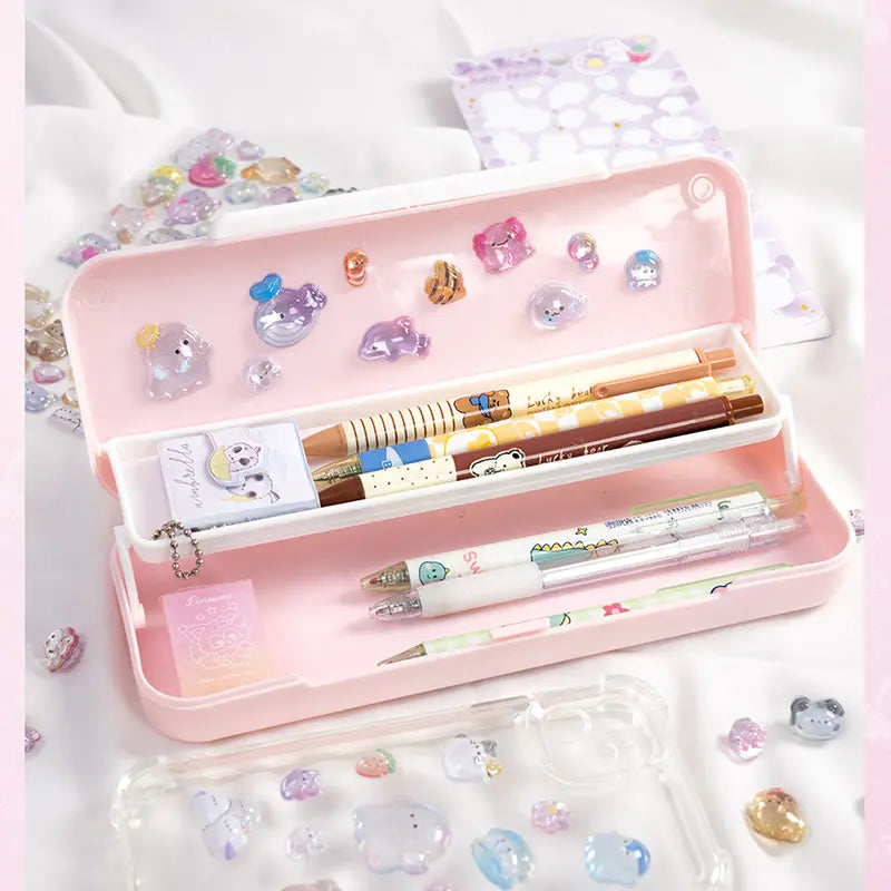 Decorative display of 3D pet crystal stickers used for stationery and phone case DIY, featuring cute ghost and animal designs with holographic effects