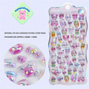 Product display of pink "BONBON DROP" themed 3D crystal puffy sticker sheet, including material (PVC/epoxy resin) and packaging size (200mm×95mm), cute kawaii iridescent pet stickers for planner and DIY craft decoration
