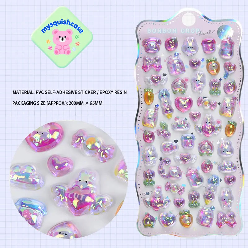 Product display of pink "BONBON DROP" themed 3D crystal puffy sticker sheet, including material (PVC/epoxy resin) and packaging size (200mm×95mm), cute kawaii iridescent pet stickers for planner and DIY craft decoration
