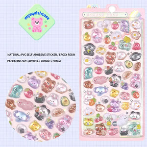 Product display of pink "BONBON DROP" themed 3D crystal puffy sticker sheet, including material (PVC/epoxy resin) and packaging size (200mm×95mm), cute kawaii animal and fruit stickers for planner and DIY craft decoration

