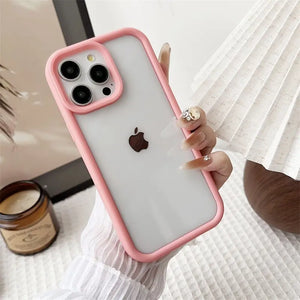 Clear DIY phone case for iPhone with soft pink protective frame and transparent back panel, featuring raised camera protection, ready for sticker decoration.