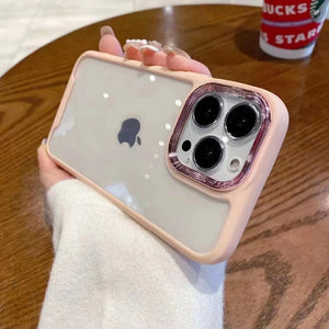 Clear DIY phone case for iPhone with soft pink frame and rose gold-purple camera ring, featuring a transparent back panel, ready for sticker decoration.