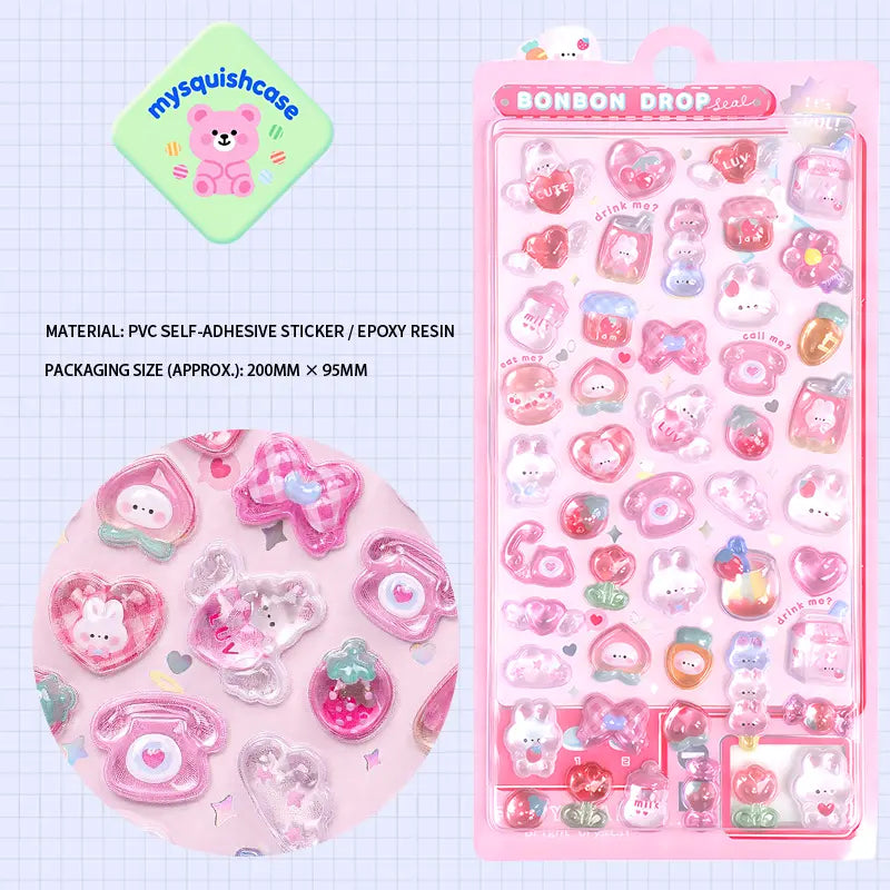 Product display of pink pet themed "BONBON DROP" 3D crystal puffy sticker sheet, including material (PVC/epoxy resin) and packaging size (200mm×95mm), cute kawaii rabbit and cherry stickers for planner and DIY craft decoration